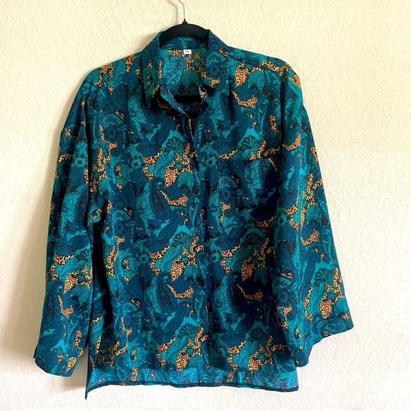 Shein paisley cheetah button down blouse Medium wide sleeve dropped shoulder - Picture 1 of 11